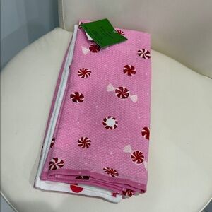 Kate Spade Christmas Set of 3  Pink/White Peppermint & Polka Dot  Kitchen Towels